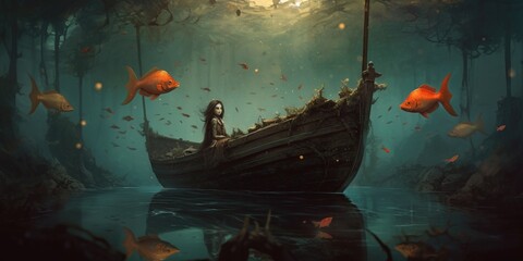 The girl in the boat. Mystical illustration with a mermaid in a boat. Mystical forest. Goldfish.