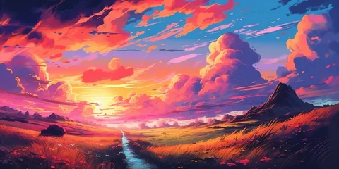 Photo sur Aluminium Corail A beautiful anime landscape with a wonderful sky full of clouds, sunset scene, generative ai technology