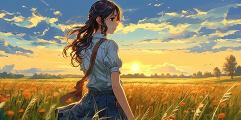 A beautiful attractive anime girl standing happily in a big field and watching the horizon, manga art, generative ai technology