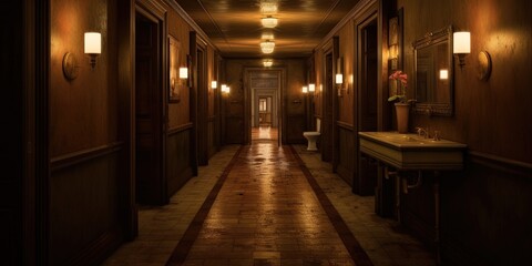 Fototapeta na wymiar A dimly lit hallway leading to a bathroom