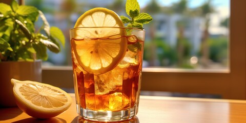 A glass filled with iced tea garnished with fresh lemon slices and mint leaves