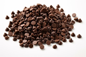 Chocolate chips scattered on a white background, creating a delicious treat. Generative AI