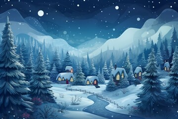 A wintery Christmas landscape illustration for a banner or wallpaper. Generative AI - obrazy, fototapety, plakaty