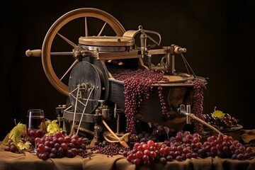 Traditional wine making with winepress, red must, helical screw, and grape must filtration. Generative AI - obrazy, fototapety, plakaty