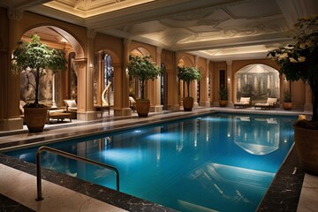 Luxurious wellness center featuring a vast indoor pool and relaxing spa amenities. Generative AI