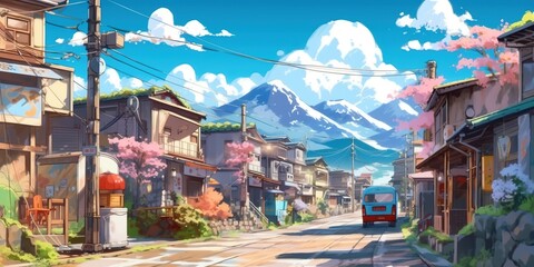 A small town in the mountains, charming adorable place on earth in the style of anime and manga, generative ai technology