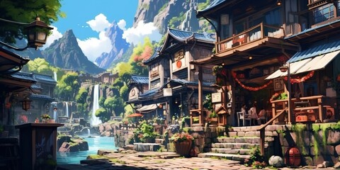 A small town in the mountains, charming adorable place on earth in the style of anime and manga, generative ai technology - obrazy, fototapety, plakaty