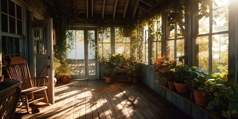 A Sun Lit Wooden Interior of the Porch of a House with Branches and Leaves on The Outside.