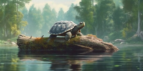 A turtle standing on a tree log in a lake