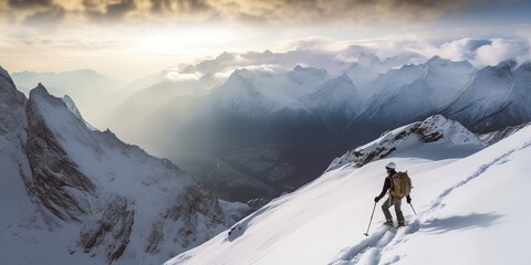 A young man climbing on a ridge with his skis in the backpack in Courmayeur, Valle d'Aosta, Italy.