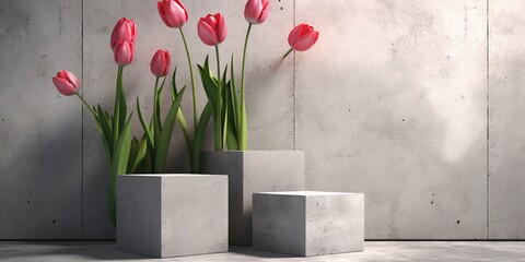 Abstract composition of concrete props and tulips.