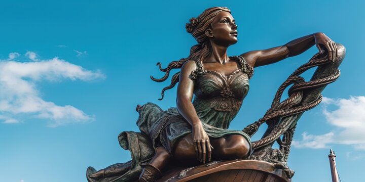 A Statue of a Mermaid Tied Up to the Bow of a Ship with Blue Sky and Clouds in the Background