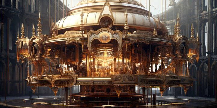 A steampunk merry - go - round resembling a quantum computer with canals and renaissance architecture.