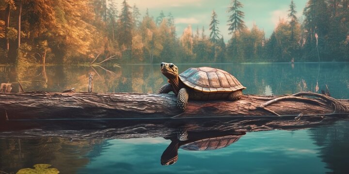 A turtle standing on a tree log in a lake