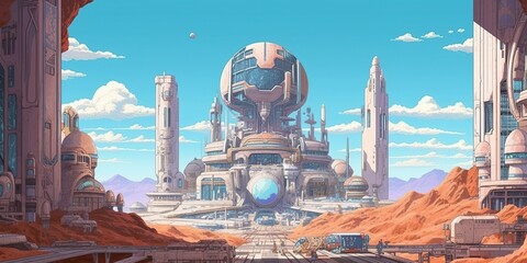 An anime architecture building illustration of towers in a sci fi world with burnign ground