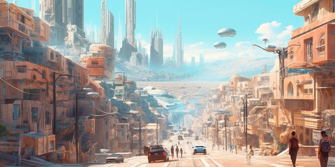 Fototapeta premium An anime manga illustration of a scifi city in the desert, generative ai technology