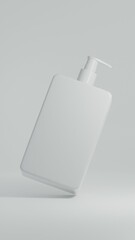 Floating and rotated glossy pump container for mockup with blank space for logo on a plain white background as 3d rendering.