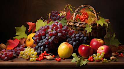 Still life composition with autumn fruits and foliage.