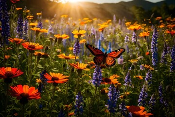 Butterflies gather on a bed of wildflowers, their delicate wings adding a touch of enchantment to the scene