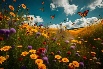 Fototapeta na wymiar Butterflies gather on a bed of wildflowers, their delicate wings adding a touch of enchantment to the scene