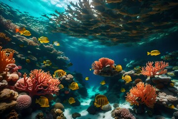 Fototapeta na wymiar A coral reef teems with a kaleidoscope of fish and marine life, a testament to the wonders of the underwater world