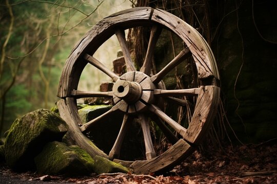 Weathered wheel made of wood. Generative AI