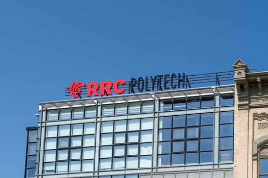 RRC (Red River College) Polytech logo sign on the building at Red River College Polytechnic - Exchange District Campus College in Winnipeg, Manitoba, Canada, July 20, 2023. 