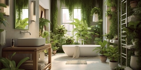 Bathroom interior decorated with green plants. Modern comfortable bathroom.