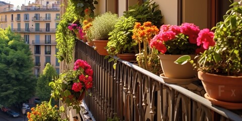 Fototapeta na wymiar Beautiful balcony with lots of flowering plants.
