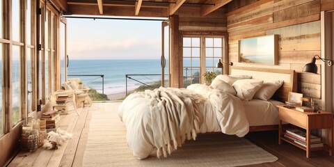 Fototapeta na wymiar Bedroom decor, home interior design. Coastal Rustic style with Ocean View decorated with Wood