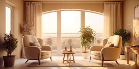 Beige living room interior with armchairs and drawer near panoramic window