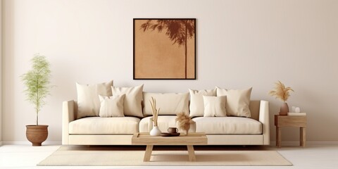 Fototapeta na wymiar Beige relax place interior couch and coffee table with decor, mockup frame