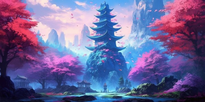 Beautiful anime landscape illustration, fantasy forest and tower