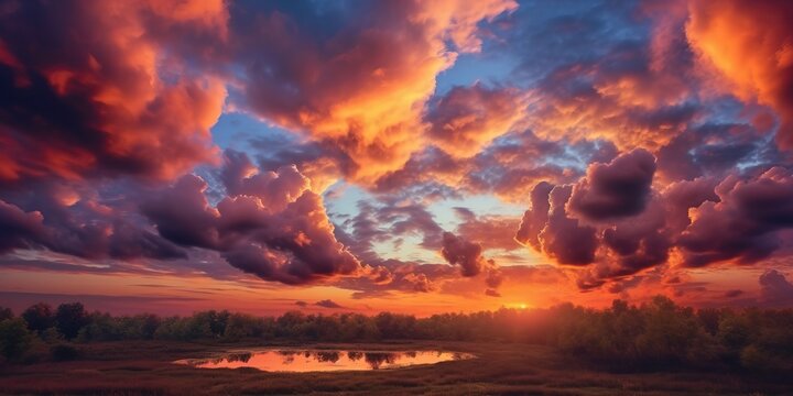 Beautiful vivid sunset sky with floccus clouds lit by setting sun.