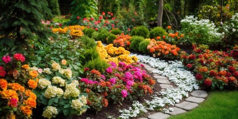 Fototapeta na wymiar Bright flowers blooming on flowerbed, flower garden layout ideas