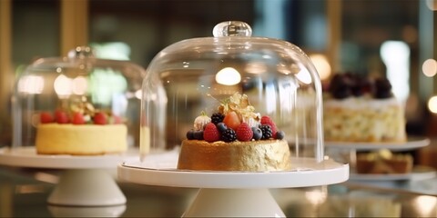 Cake under glass bell dome in a restaurant kitchen before serving. cake stand, dessert buffet