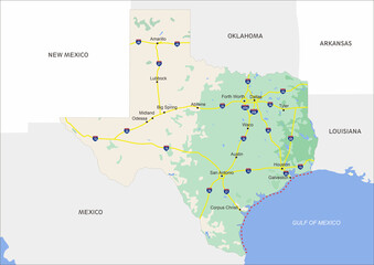 Color map of the state of Texas, USA