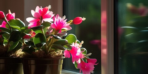 Christmas cactus( Schlumbergera) flowering on the windowsill