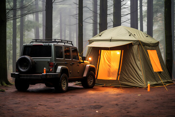 A tourist tent and a jeep stand on a lawn in the middle of a forest in foggy and cloudy weather late at night. The light is on in the tent
