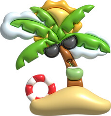 3d illustration Coconut tree wearing sunglasses drinking coconut water Cloud floats and surfboards in summer
