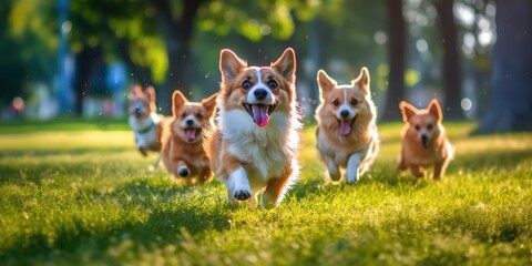 Cute funny dogs group running and playing on green grass in park,
