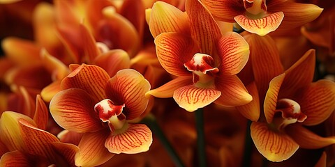 Cymbidium Burgundian Chateau orchid - orange brown orchid flowers, closeup - obrazy, fototapety, plakaty