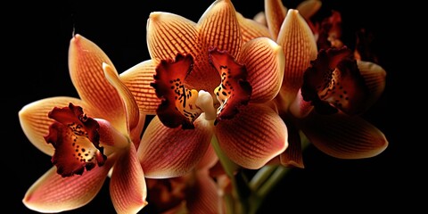 Cymbidium Burgundian Chateau orchid - orange brown orchid flowers, closeup - obrazy, fototapety, plakaty