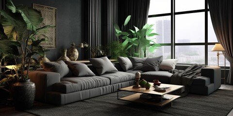 Dark living room interior with luxury gray sofa.