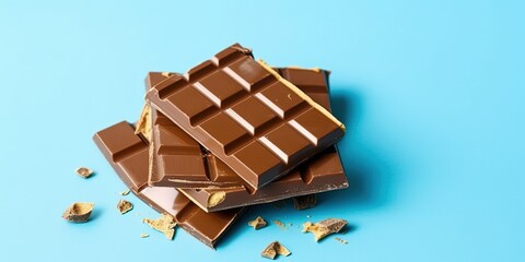 Delicious chocolate bar wrapped in foil on light blue background, top view.