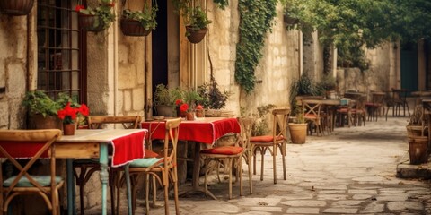 Fototapeta na wymiar Empty outdoors restaurant or café with table and chairs in Provencal style.