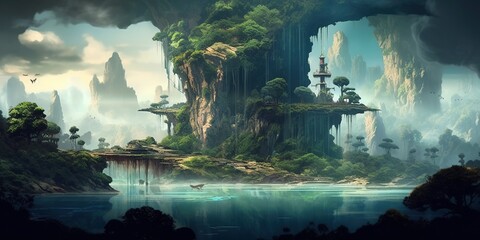 Fantasy landscape illustration of a hidden island, big forest