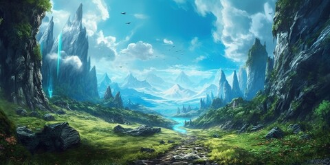 Fantasy anime landscape illustration with mountains and sky, a path in the forest - obrazy, fototapety, plakaty