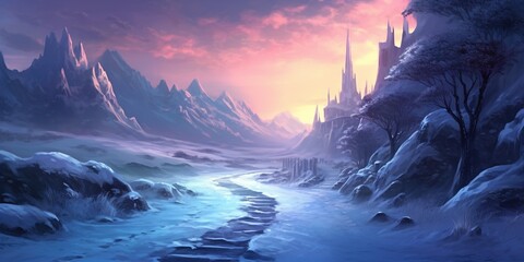 Fantasy landscape illustration with a snow road