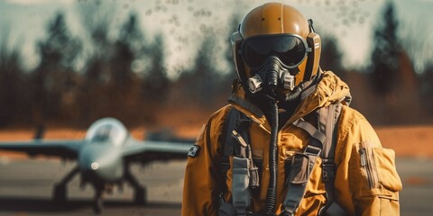 Naklejka premium Fighter pilot at airfield on mission standby. Pilot Wearing Mask And Helmet with copy space, digital ai art\